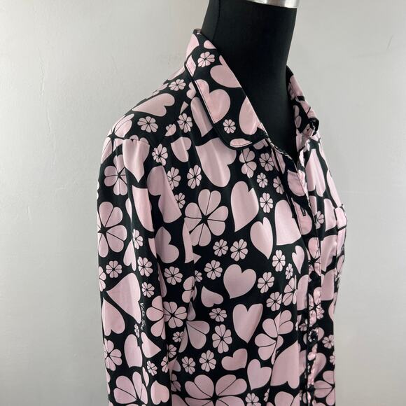 KATE SPADE Black Pink Top Clover Hearts Print Collared PJ Button-Up Medium M - Picture 7 of 11